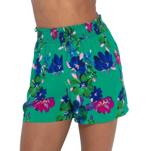 Pour Moi  Shirred Waist Woven Beach Shorts - Green Floral