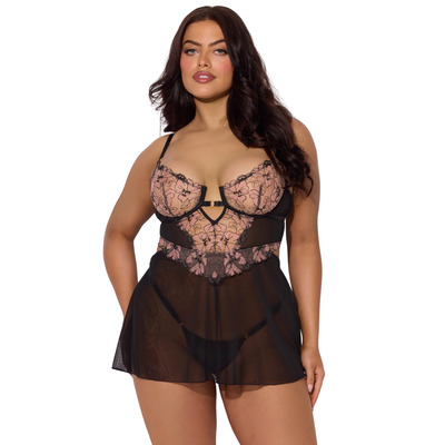 House Of Desire Nova Backlight Lace Babydoll & Thong Set - Black