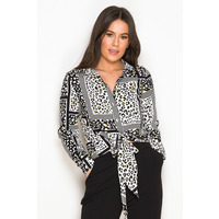 Image of AEYSHA TIE FRONT BUTTON DOWN SHIRT - LIME LEOPARD PRINT - 10