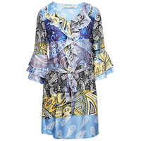 Image of PAISLEY PRINT BELTED A-LINE MINI DRESS - BLUE - L