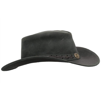 Walker & Hawkes Unisex Black Leather Cowhide Outback Antique Hat - S (57 cm)