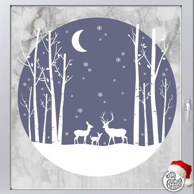 Stag & Birch Circle Window Decal - Blue - Large (69x58cms)