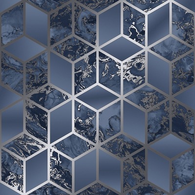 Elixir Cube Marble Wallpaper Navy / Silver Muriva 166512

