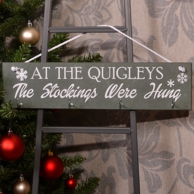 Personalised slate stocking hanger engraved with your family name and "the stockings were hung" in smoky green slate