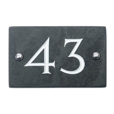 Slate house number 43 v-carved with white infill numbers