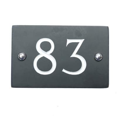 Slate house number 83 v-carved with white infill numbers