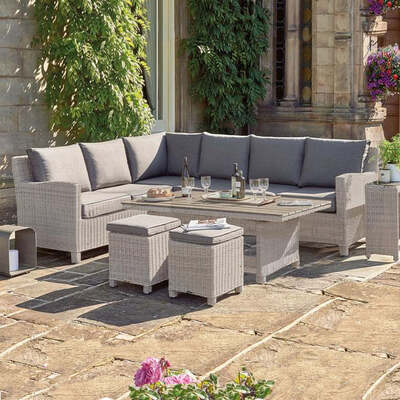 Kettler Palma Corner Right Hand White Wash Wicker Outdoor Sofa Set with Coffee Table, End of May 2023