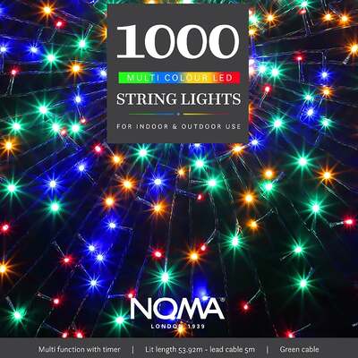 Noma Christmas 120, 240, 360, 480, 720, 1000 Multifunction Lights with Green Cable- Multicolour, 1000 Bulbs