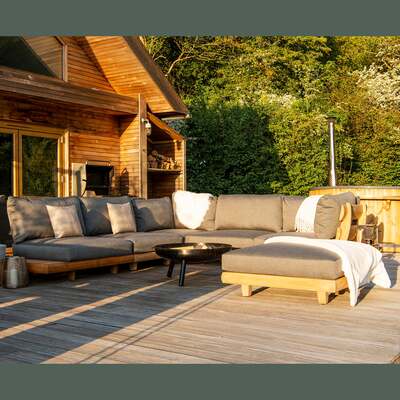Alexander Rose Outdoor Sorrento Teak Lounge Set with Cushions and Ottoman, Kvadrat Polar