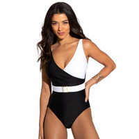 Image of Pour Moi Control suit Wrap Front Belted Control Swimsuit