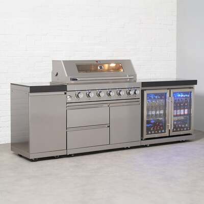 Draco Grills 6 Burner BBQ Modular Outdoor Kitchen with Single Cupboard and Double Fridge Unit, Available Now / Without Granite Side Panels
