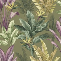 Image of Akari Madagascar Leaf Wallpaper Olive / Purple Rasch 282886