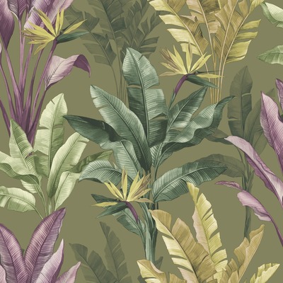 Akari Madagascar Leaf Wallpaper Olive / Purple Rasch 282886
