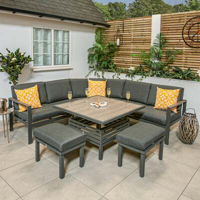 LG Outdoor Monza Aluminium Casual Dining Garden Furniture Curved Corner Sofa Set with Height Adjustable Table, Mid May 2024