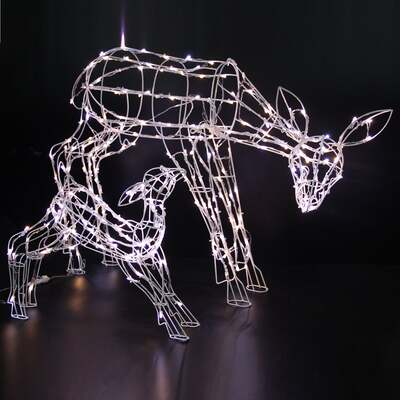 Pre-Lit Christmas Reindeer - 1M White Wire Light Up Mother & Baby with 250 White LEDs