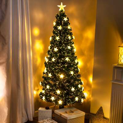 2ft - 6ft Green Fibre Optic Christmas Tree with Warm White Fibre Optics, LED Lights and Stars, 5FT