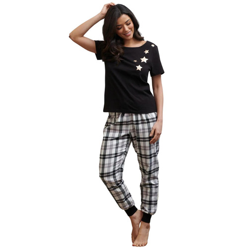 Pour Moi Cosy Check Trouser and Jersey T Shirt Pyjama Set - Black/Ivory