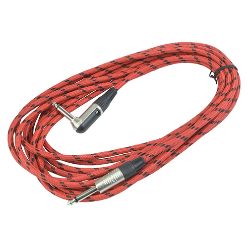 Guitar Lead 6m Braided Straight 1/4" Jack to Right Angle 1/4" Jack Red