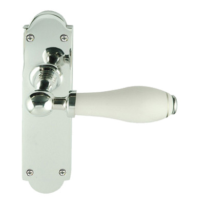 Chatsworth White Porcelain With Single Chrome Line Door Handles, Polished Chrome Backplate - PCBUL29-WHI-1CL (sold in pairs) LOCK (WITH KEYHOLE)