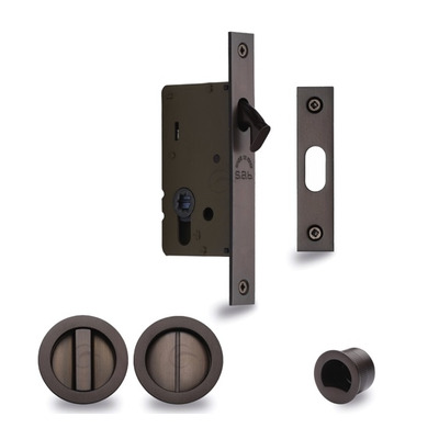 Heritage Brass Round Flush Handle Sliding Door Privacy Lock Set (40mm OR 50mm Backset), Matt Bronze - RD2308-MB 40mm ROUND FLUSH HANDLE - MATT BRONZE