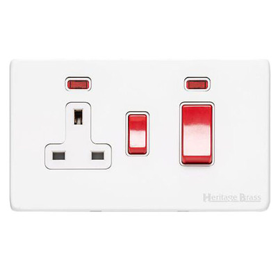 M Marcus Electrical Vintage 45A Cooker Unit/13A Socket With Neon, Gloss White With Red Switch - XGL.162.W GLOSS WHITE