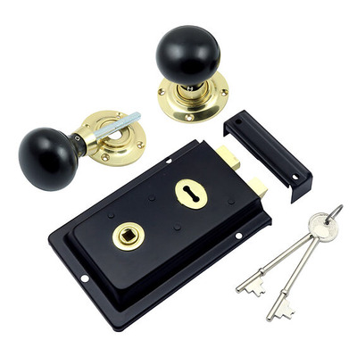 Prima Rim Lock (155mm x 105mm) With Ebony Mushroom Rim Knob (57mm), Black - BH1023BL (sold as a set) BLACK RIM LOCK WITH MUSHROOM EBONY KNOB