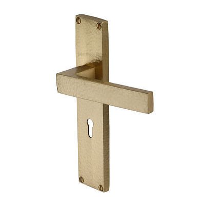Heritage Brass Delta Hammered Door Handles On 200mm Backplate, Satin Brass - VTH3300-SB (sold in pairs) LOCK (WITH KEYHOLE)