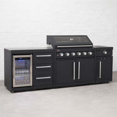 Draco Grills Fusion 6 Burner Black Outdoor Kitchen with Modular Side Burner and Single Fridge, End March 2024