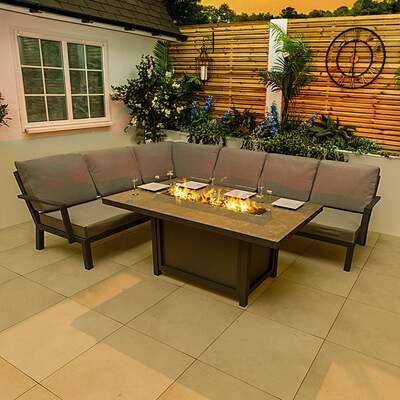 Bracken Outdoors Miami Dark Aluminium Rectangular Corner Set with Firepit Table, End of May 2024