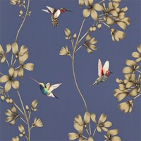 Image of Harlequin Amazilia Hummingbird Wallpaper Indigo Blue / Gold HAMA111059