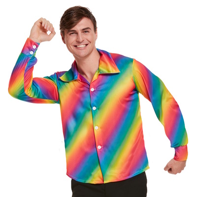 Adult Gay Pride Long Sleeve Collared Rainbow Shirt - Medium