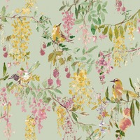 Floral Bird Trail Wallpaper Sage Green / Pink Grandeco A79302