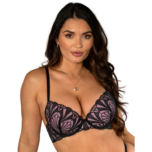 Pour Moi New Romance Padded Push Up Plunge Bra - Black/Rose