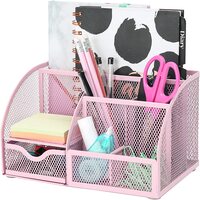 EXERZ Desk Organiser with 7 Compartments -Mesh Desk Tidy Caddy – Light Pink