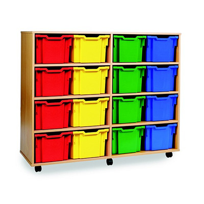 16 Extra Deep Tray Storage Unit Beech Finish All Blue Trays