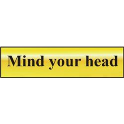 ASEC Mind Your Head 200mm x 50mm Gold Self Adhesive Sign - 1 Per Sheet
