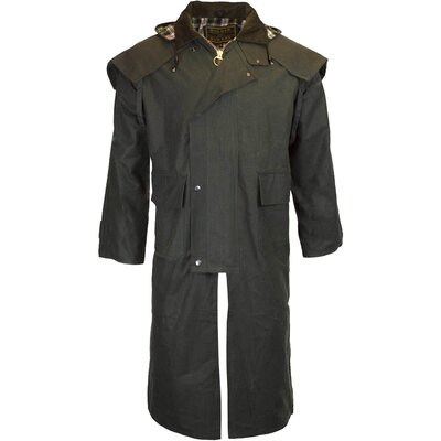 Walker & Hawkes Stockman Olive Long Wax Coat / Raincoat with Hood - XS