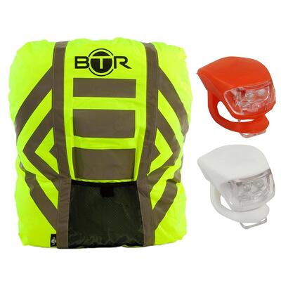 BTR Waterproof High Vis Reflective Backpack Rain Cover with 2 x LED Bicycle Lights