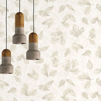 Image of Evergreen Fossil Leaf Toss Wallpaper Light Beige Galerie 7300
