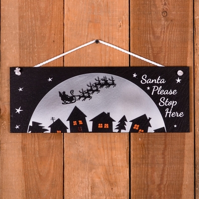 Deluxe Large Christmas Slate Hanging Sign - "Santa stop here"