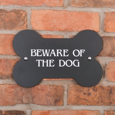 Bone shaped beware of the dog sign in slate
