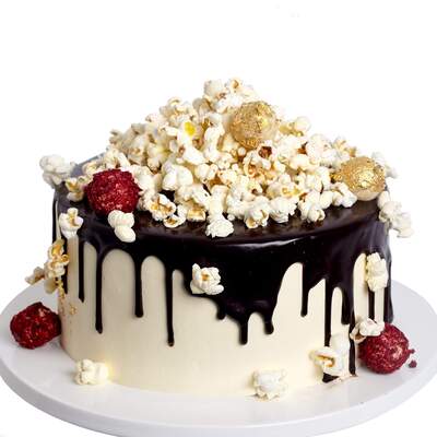 Popcorn Drip Birthday Celebration Cake - Three Tier (6” + 8” + 10” Diameter)