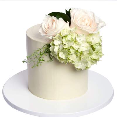 Rose And Hydrangea Wedding Cake - One Tier - Medium 8"