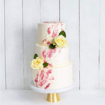 Three Tier Watercolour Rose Wedding Cake - Pink - Three Tier (10", 8", 6")