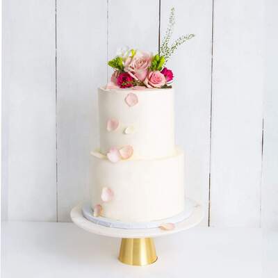 Two Tier Decorated White Wedding Cake - Pink & Petals - Two Tier (8", 6")