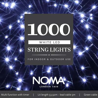 Noma Christmas 120, 240, 360, 480, 720, 1000 Multifunction Lights with Green Cable- White, 1000 Bulbs