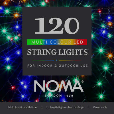 Noma Christmas 120, 240, 360, 480, 720, 1000 Multifunction Lights with Green Cable- Multicolour, 120 Bulbs