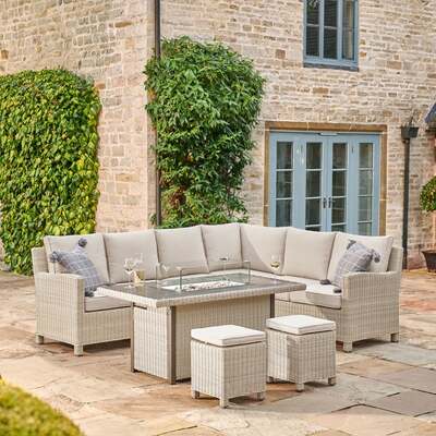 Kettler Palma Corner Left Hand Oyster Wicker Outdoor Sofa Set with Fire Pit Table