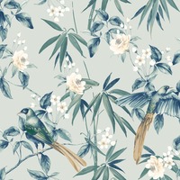 Image of Oriental Floral Birds Wallpaper Grey / Blue Arthouse 924500