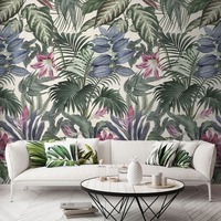 Image of Jungle Leaves and Flowers Wallpaper Green and Pink Mural Grandeco A46201
